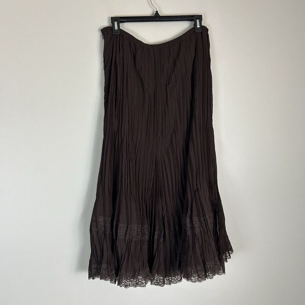 Size L Brown Fairy Grunge Skirt Midi Lace Hem Crinkle Crepe Pleated Chocolate - Picture 3 of 5